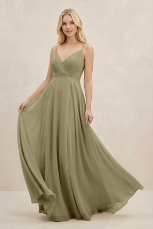 A-Line Spaghetti Strap Chiffon Bridesmaid Dress in Thyme - SHE IS ME BRIDESMAID DRESSES