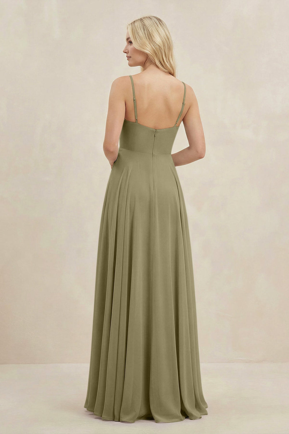A-Line Spaghetti Strap Chiffon Bridesmaid Dress in Thyme - KISS BRIDAL BRIDESMAID DRESSES