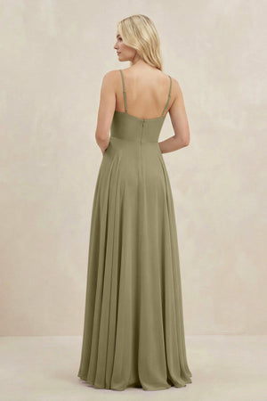 A-Line Spaghetti Strap Chiffon Bridesmaid Dress in Thyme - SHE IS ME BRIDESMAID DRESSES