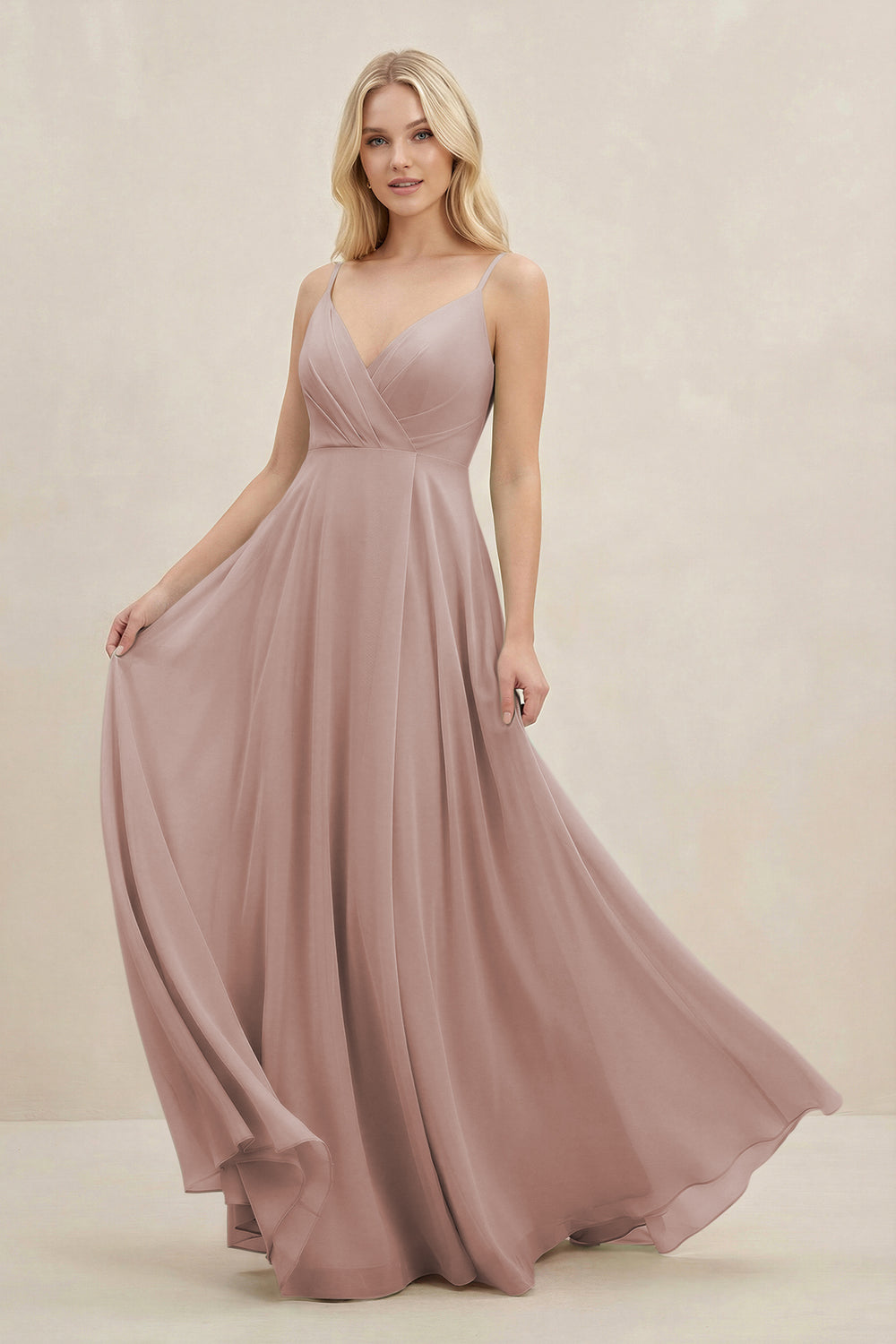 A-Line Spaghetti Strap Chiffon Bridesmaid Dress in Toffee