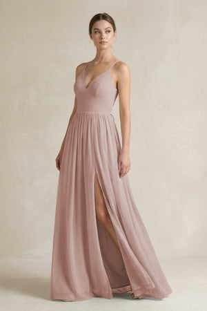 A-Line Spaghetti Strap Chiffon Bridesmaid Dress in Toffee | KISSBRIDAL