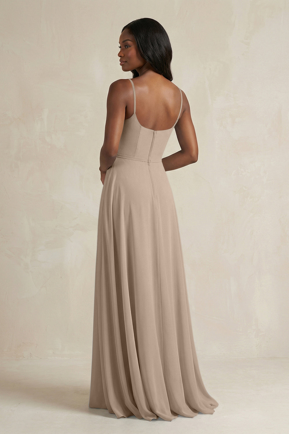 A-Line Spaghetti Straps Chiffon Bridesmaid Dress in Almond
