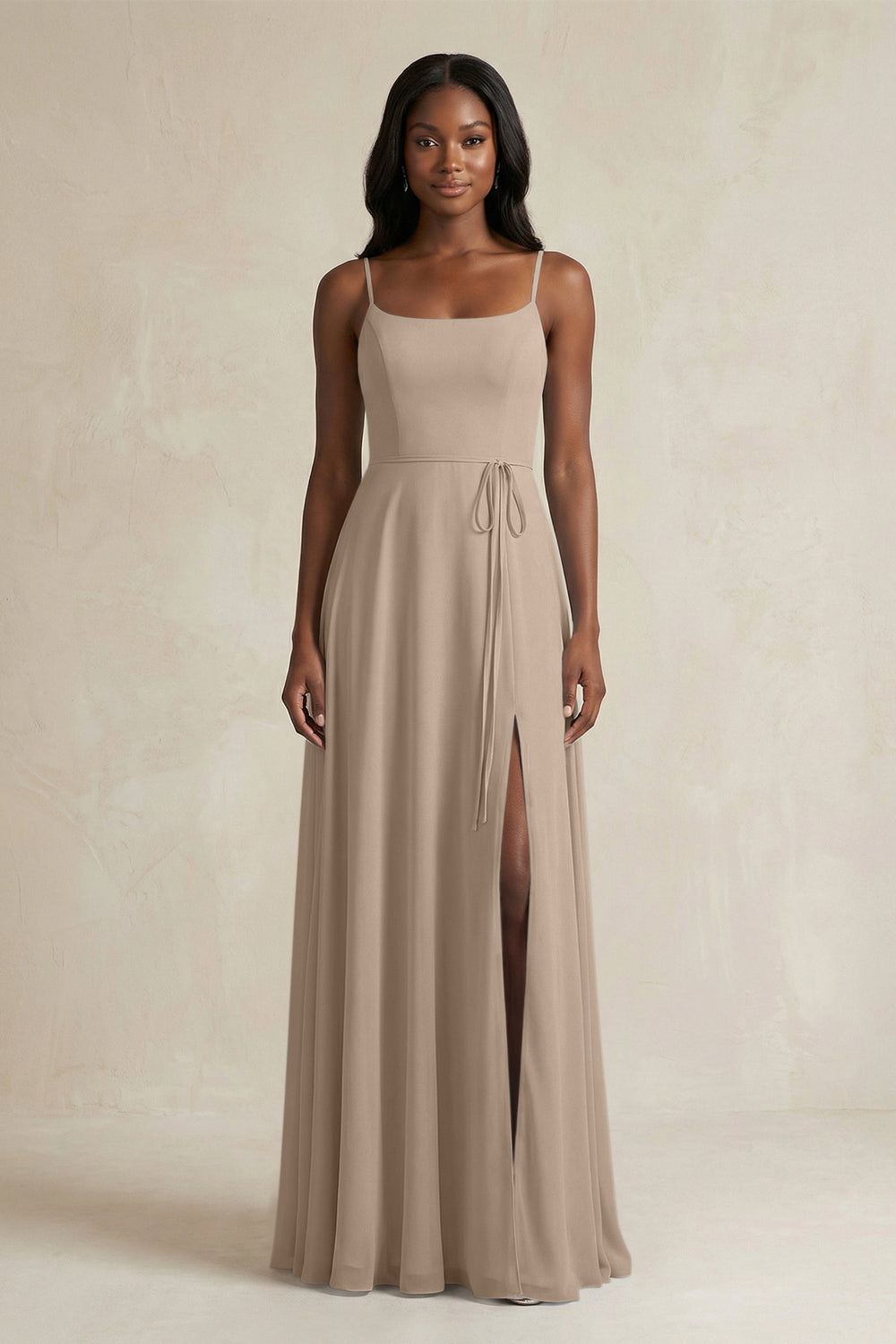 A-Line Spaghetti Straps Chiffon Bridesmaid Dress in Almond