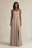 A-Line Spaghetti Straps Chiffon Bridesmaid Dress in Almond | KISSBRIDAL