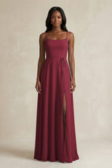 A-Line Spaghetti Straps Chiffon Bridesmaid Dress in Berry | KISSBRIDAL