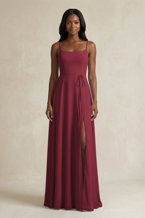 A-Line Spaghetti Straps Chiffon Bridesmaid Dress in Berry | KISSBRIDAL