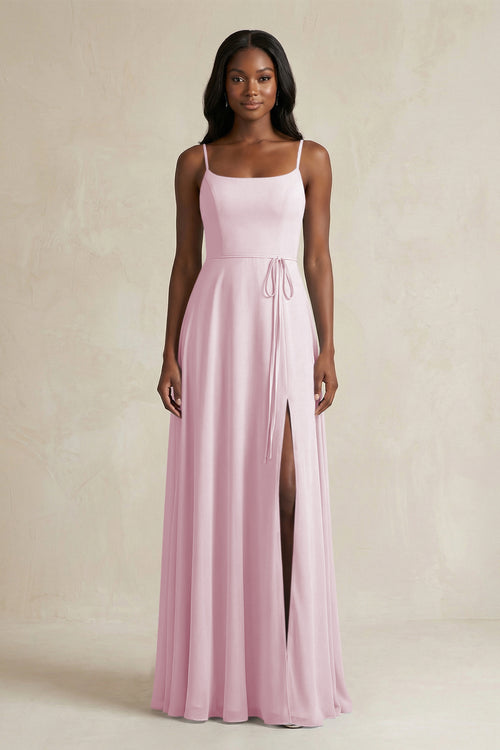 A-Line Spaghetti Straps Chiffon Bridesmaid Dress in Candy Pink | KISSBRIDAL