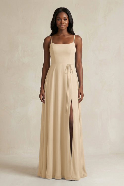 A-Line Spaghetti Straps Chiffon Bridesmaid Dress in Champagne | KISSBRIDAL