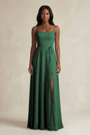 A-Line Spaghetti Straps Chiffon Bridesmaid Dress in Dark Green | KISSBRIDAL