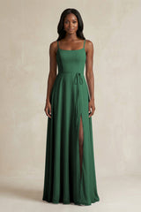 A-Line Spaghetti Straps Chiffon Bridesmaid Dress in Dark Green | KISSBRIDAL
