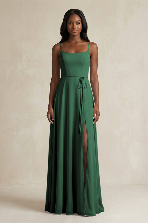 A-Line Spaghetti Straps Chiffon Bridesmaid Dress in Dark Green | KISSBRIDAL