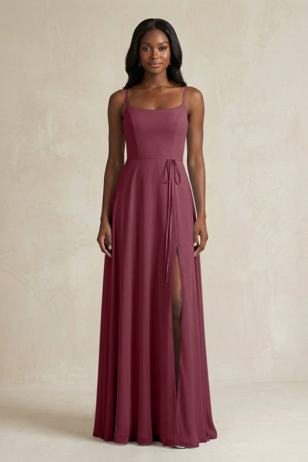 A-Line Spaghetti Straps Chiffon Bridesmaid Dress in Desert Rose