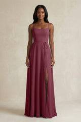 A-Line Spaghetti Straps Chiffon Bridesmaid Dress in Desert Rose | KISSBRIDAL
