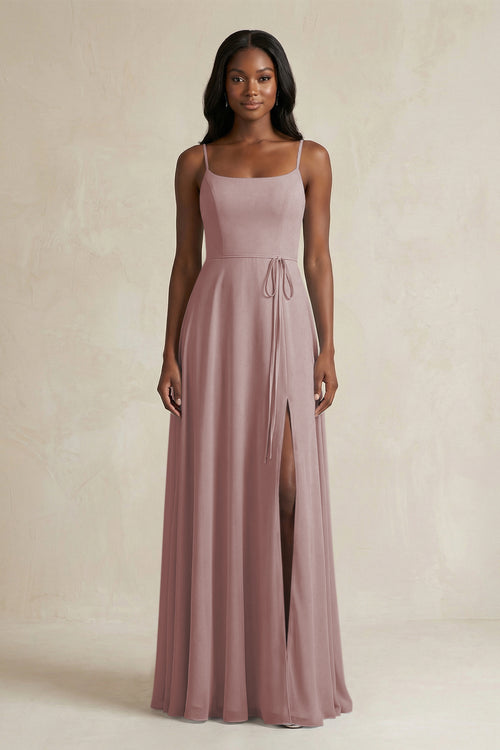 A-Line Spaghetti Straps Chiffon Bridesmaid Dress in Dusty Rose | KISSBRIDAL
