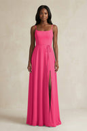 A-Line Spaghetti Straps Chiffon Bridesmaid Dress in Fuchsia | KISSBRIDAL