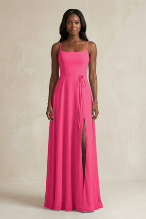 A-Line Spaghetti Straps Chiffon Bridesmaid Dress in Fuchsia | KISSBRIDAL