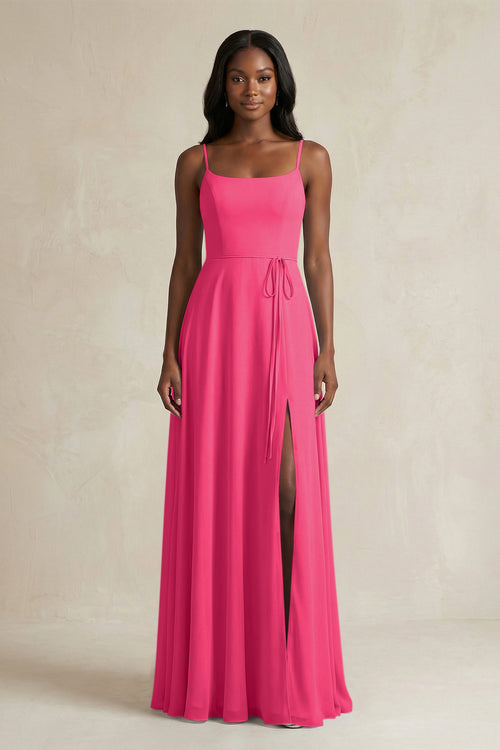 A-Line Spaghetti Straps Chiffon Bridesmaid Dress in Fuchsia | KISSBRIDAL