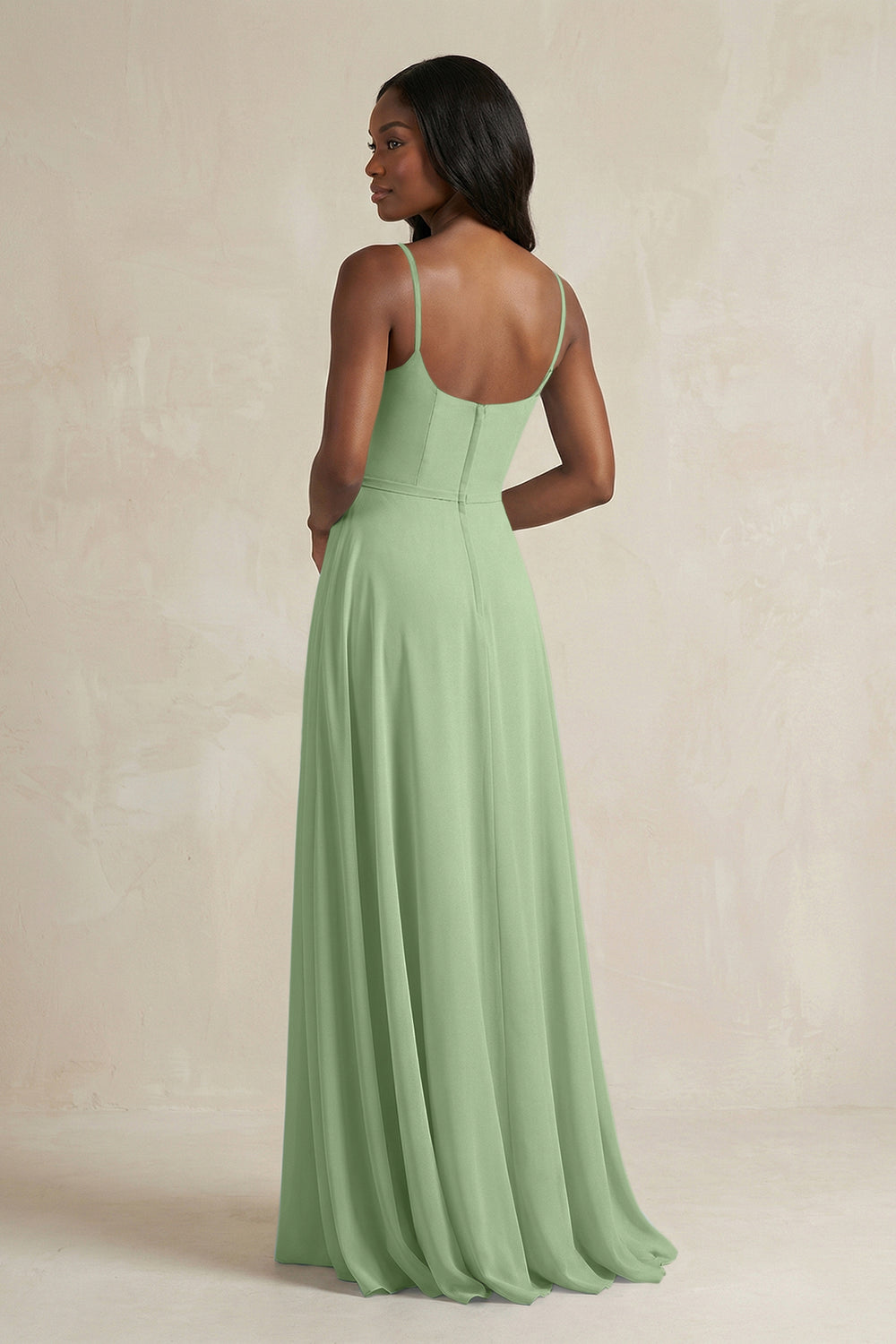A-Line Spaghetti Straps Chiffon Bridesmaid Dress in Matcha