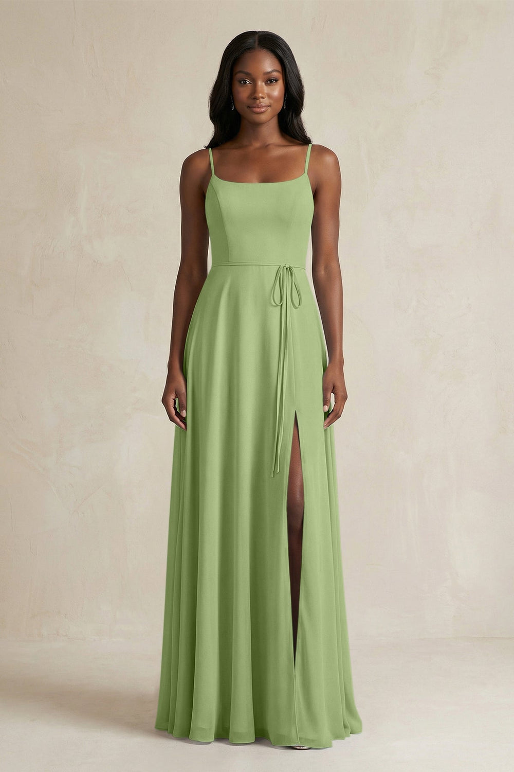 A - Line Spaghetti Straps Chiffon Bridesmaid Dress in Matcha - KISS BRIDAL Bridesmaid Dresses