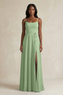 A-Line Spaghetti Straps Chiffon Bridesmaid Dress in Matcha | KISSBRIDAL