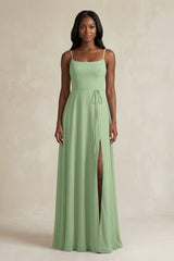 A-Line Spaghetti Straps Chiffon Bridesmaid Dress in Matcha | KISSBRIDAL