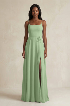 A-Line Spaghetti Straps Chiffon Bridesmaid Dress in Matcha | KISSBRIDAL