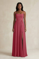 A-Line Spaghetti Straps Chiffon Bridesmaid Dress in Merlot | KISSBRIDAL