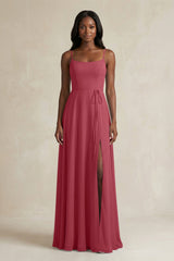 A-Line Spaghetti Straps Chiffon Bridesmaid Dress in Merlot | KISSBRIDAL