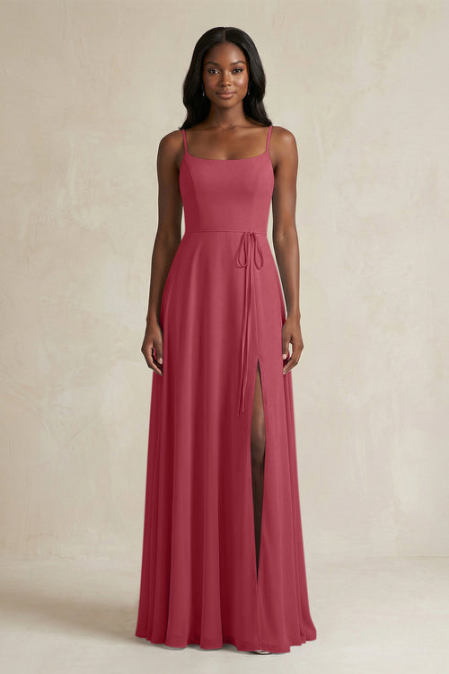 A-Line Spaghetti Straps Chiffon Bridesmaid Dress in Merlot | KISSBRIDAL