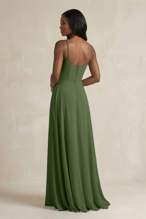 A-Line Spaghetti Straps Chiffon Bridesmaid Dress in Moss (2) | KISSBRIDAL