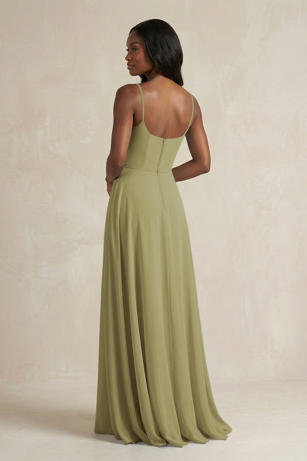 A-Line Spaghetti Straps Chiffon Bridesmaid Dress in Moss Green (2) | KISSBRIDAL
