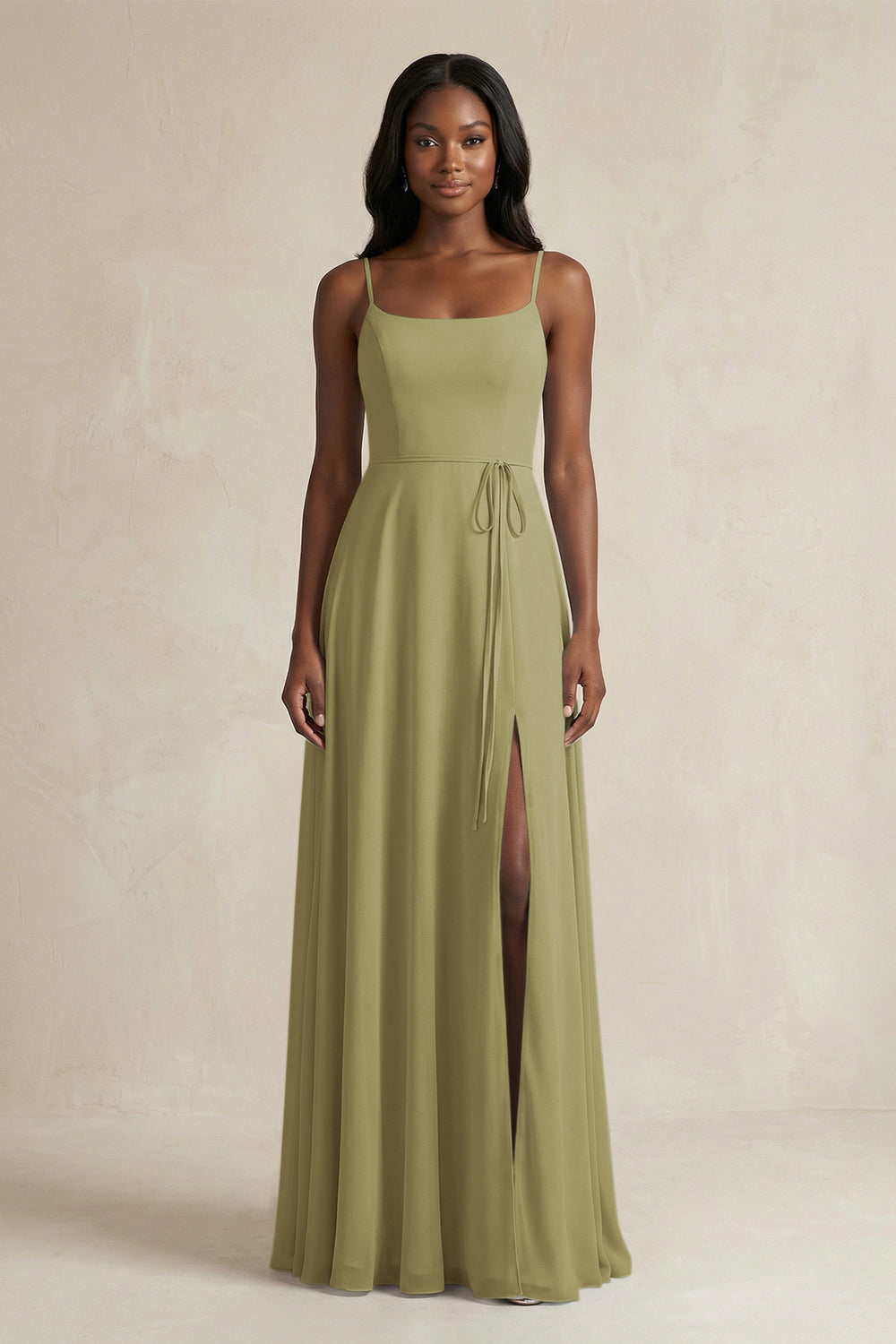 A-Line Spaghetti Straps Chiffon Bridesmaid Dress in Moss Green