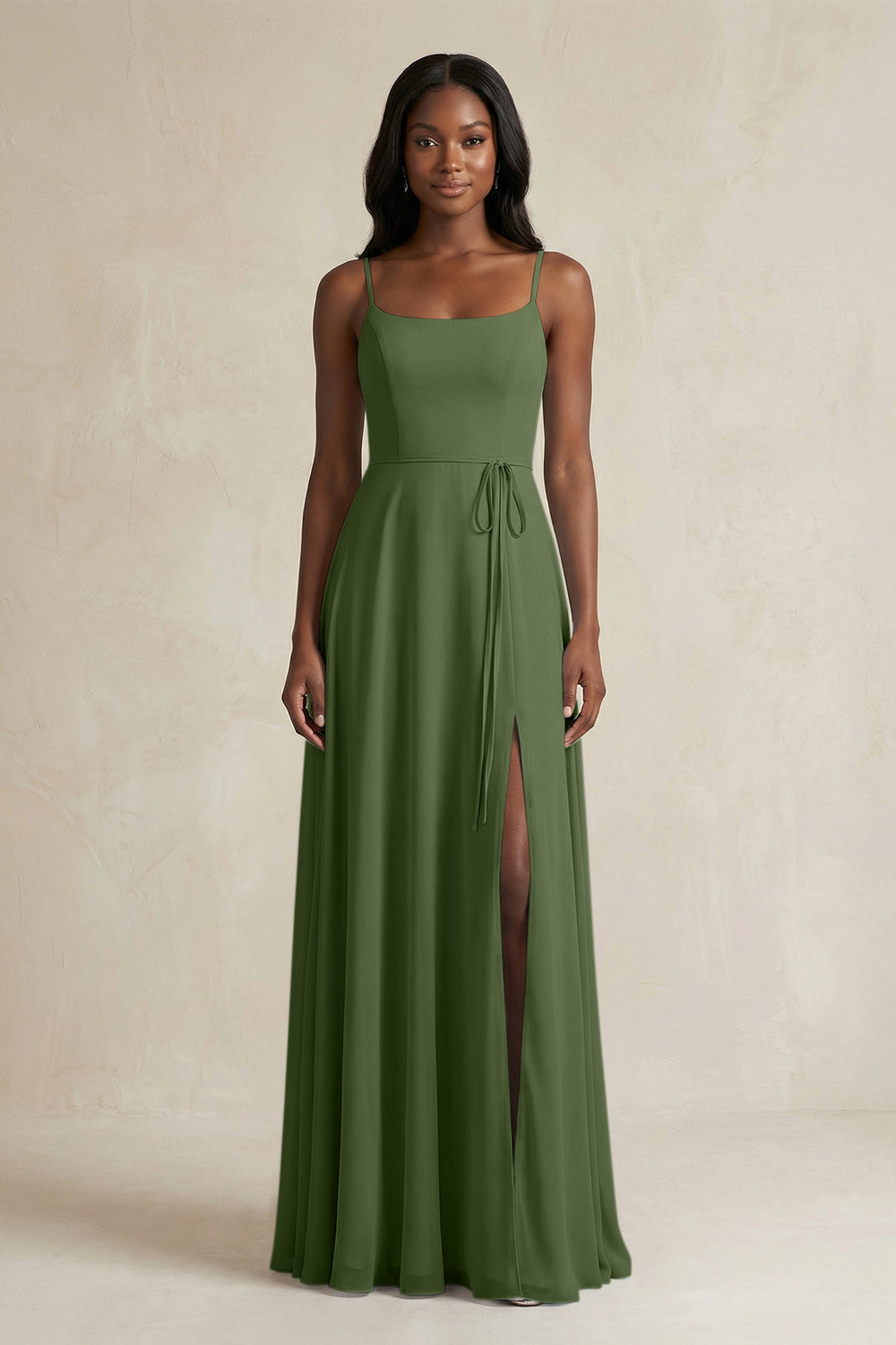 A-Line Spaghetti Straps Chiffon Bridesmaid Dress in Moss
