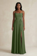 A-Line Spaghetti Straps Chiffon Bridesmaid Dress in Moss | KISSBRIDAL