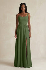 A-Line Spaghetti Straps Chiffon Bridesmaid Dress in Moss | KISSBRIDAL