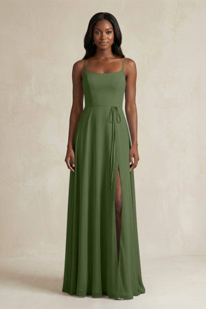 A-Line Spaghetti Straps Chiffon Bridesmaid Dress in Moss | KISSBRIDAL