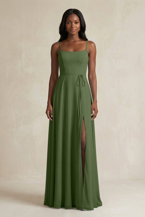 A-Line Spaghetti Straps Chiffon Bridesmaid Dress in Moss | KISSBRIDAL