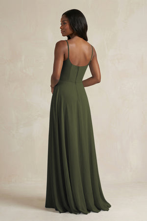 A-Line Spaghetti Straps Chiffon Bridesmaid Dress in Olive (2) | KISSBRIDAL