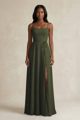 A-Line Spaghetti Straps Chiffon Bridesmaid Dress in Olive | KISSBRIDAL