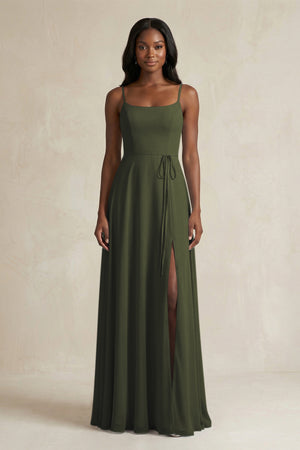 A-Line Spaghetti Straps Chiffon Bridesmaid Dress in Olive | KISSBRIDAL