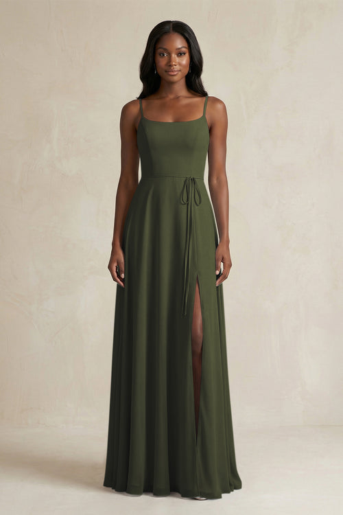 A-Line Spaghetti Straps Chiffon Bridesmaid Dress in Olive | KISSBRIDAL