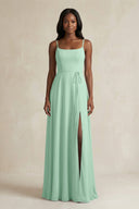 A-Line Spaghetti Straps Chiffon Bridesmaid Dress in Pale Pistachio | KISSBRIDAL