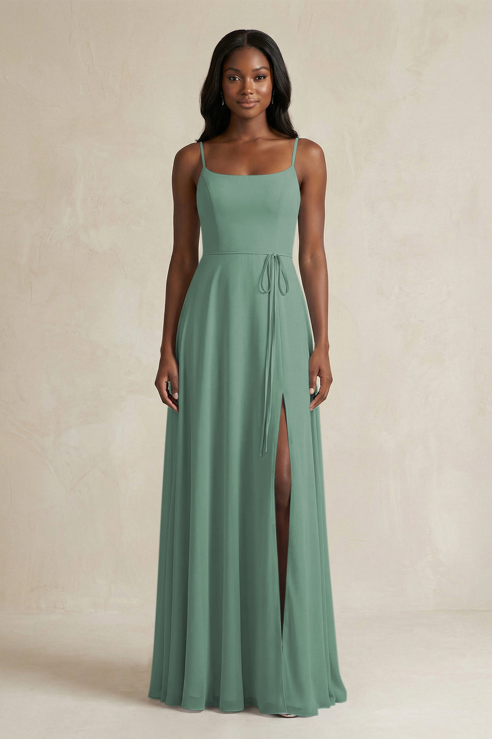 A-Line Spaghetti Straps Chiffon Bridesmaid Dress in Sea Glass