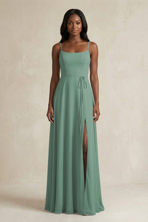 A-Line Spaghetti Straps Chiffon Bridesmaid Dress in Sea Glass | KISSBRIDAL