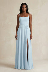 A-Line Spaghetti Straps Chiffon Bridesmaid Dress in Sky Blue | KISSBRIDAL