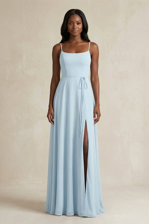 A-Line Spaghetti Straps Chiffon Bridesmaid Dress in Sky Blue | KISSBRIDAL