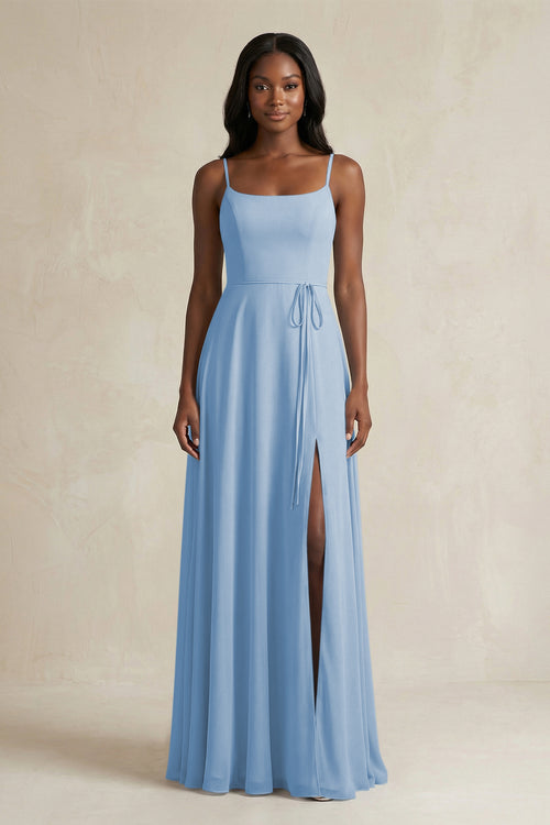 A-Line Spaghetti Straps Chiffon Bridesmaid Dress in Steel Blue | KISSBRIDAL