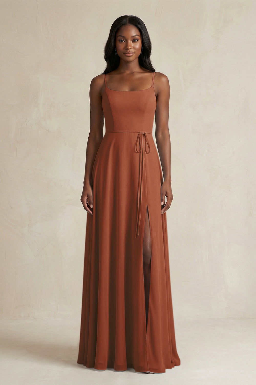 A-Line Spaghetti Straps Chiffon Bridesmaid Dress in Terracotta