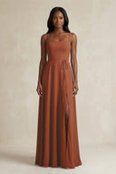 A-Line Spaghetti Straps Chiffon Bridesmaid Dress in Terracotta | KISSBRIDAL