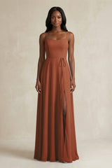 A-Line Spaghetti Straps Chiffon Bridesmaid Dress in Terracotta | KISSBRIDAL